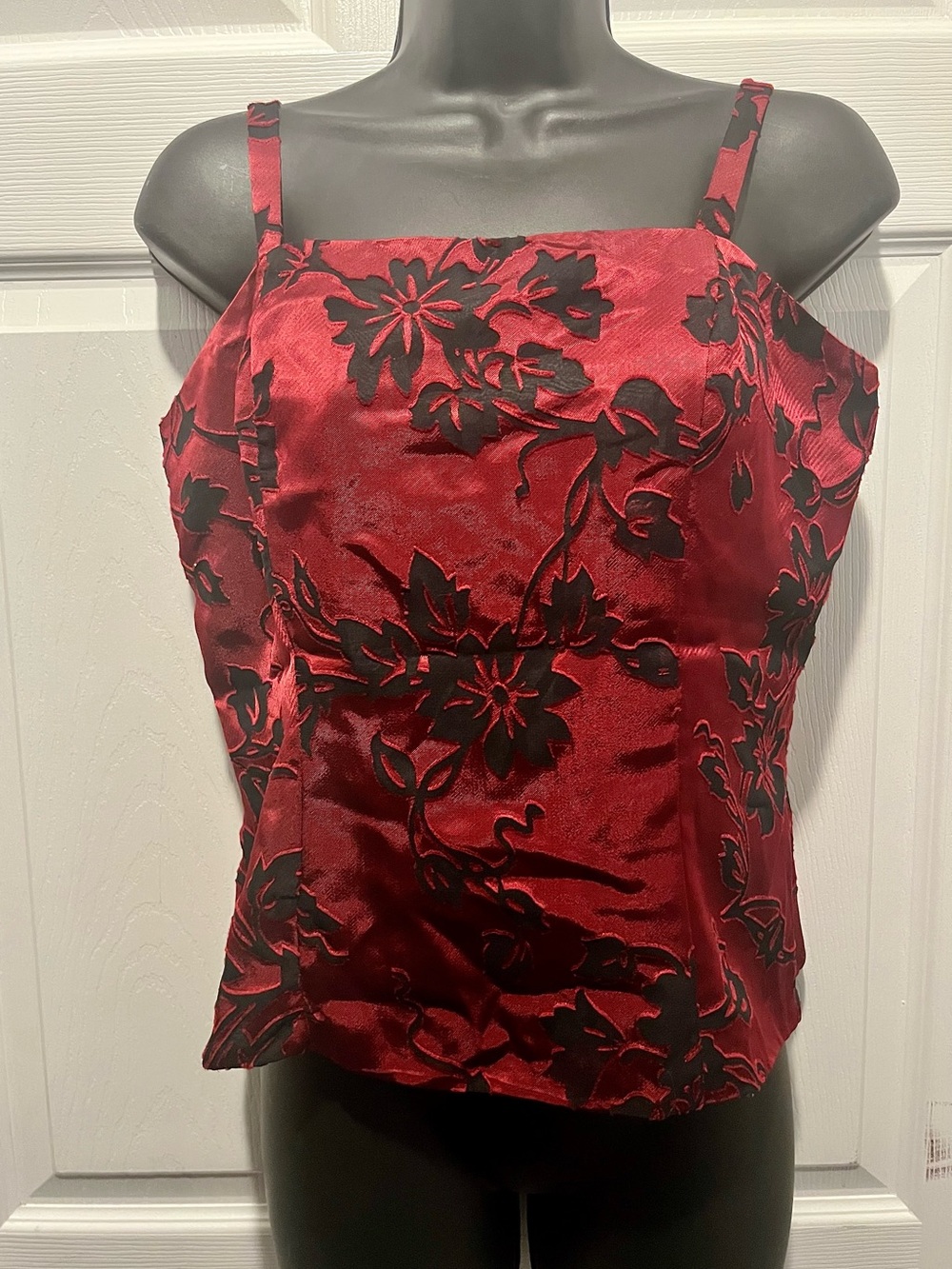 Vintage Alex Evenings Crop Top Tank Cami Medium Red Black Floral Sleeveless